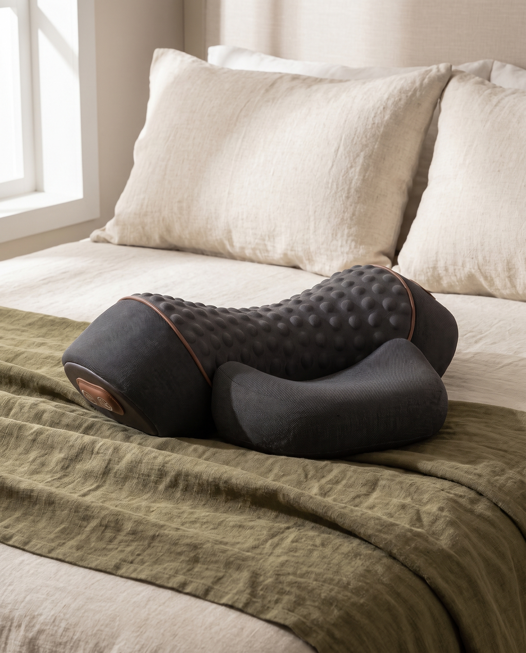 ArchRest neck pillow on an olive linen throw