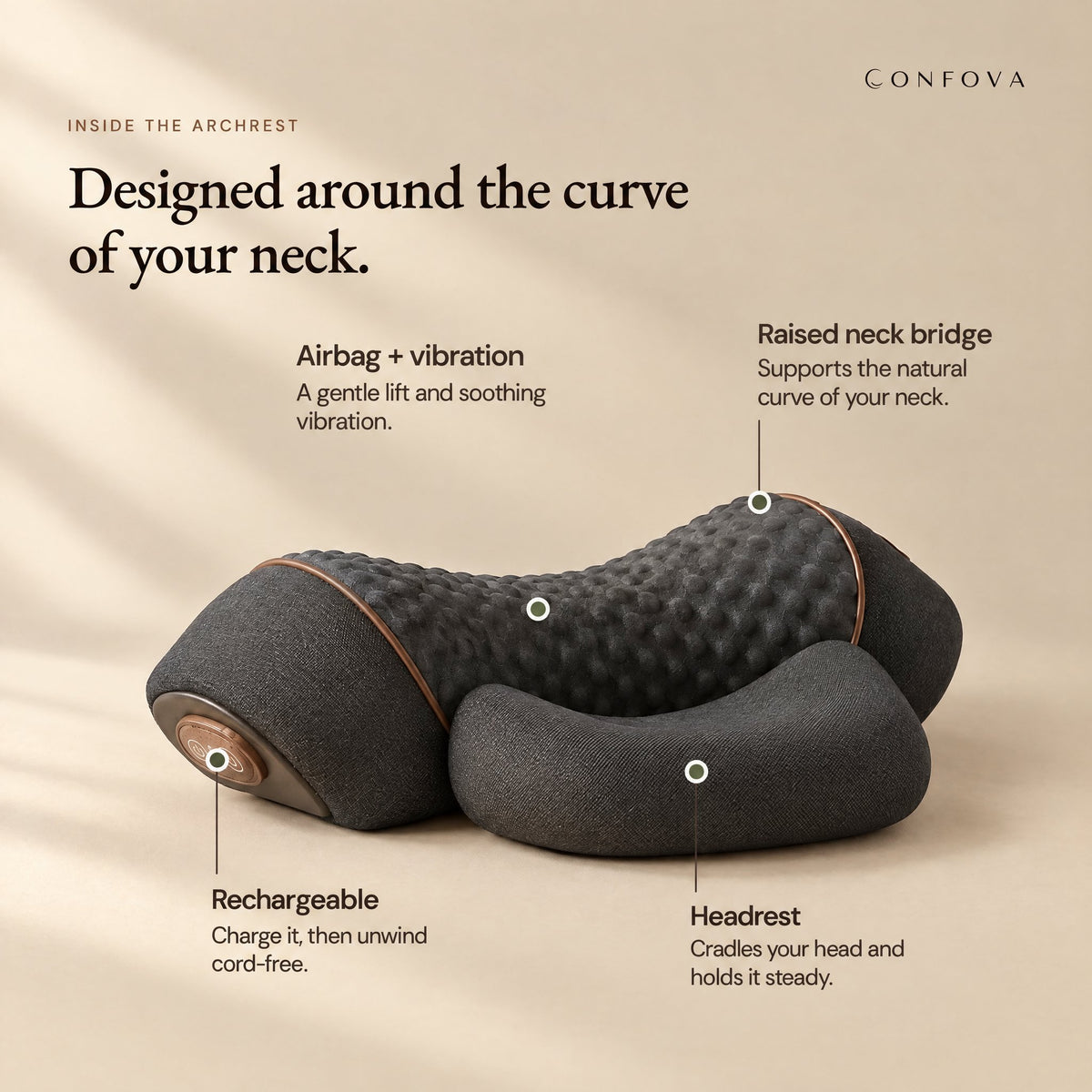 ArchRest features: headrest, raised neck bridge, airbag and vibration massage, rechargeable