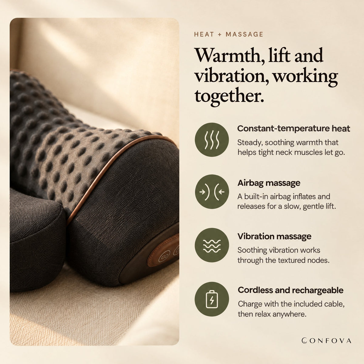 ArchRest heat, airbag massage, vibration massage, cordless and rechargeable