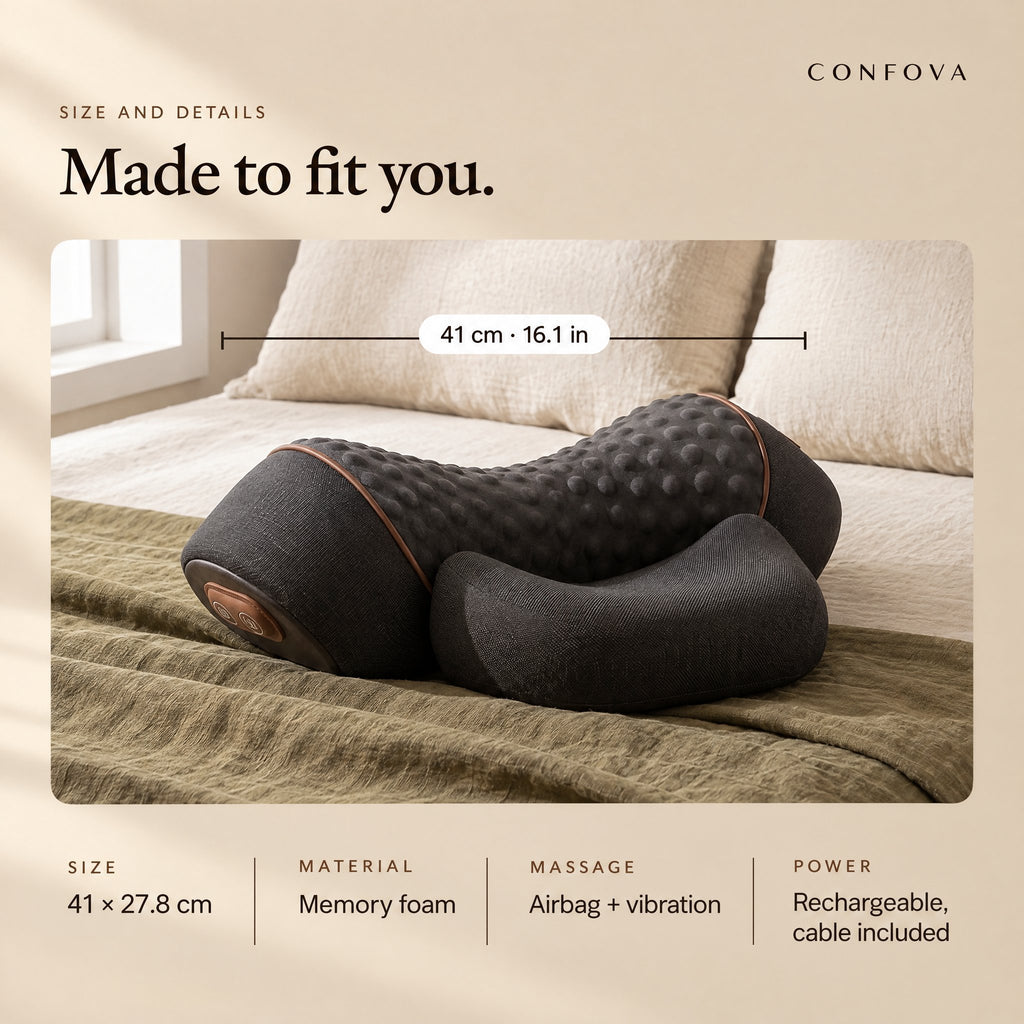 ArchRest size and details: 41 x 27.8 cm, memory foam, airbag and vibration, rechargeable