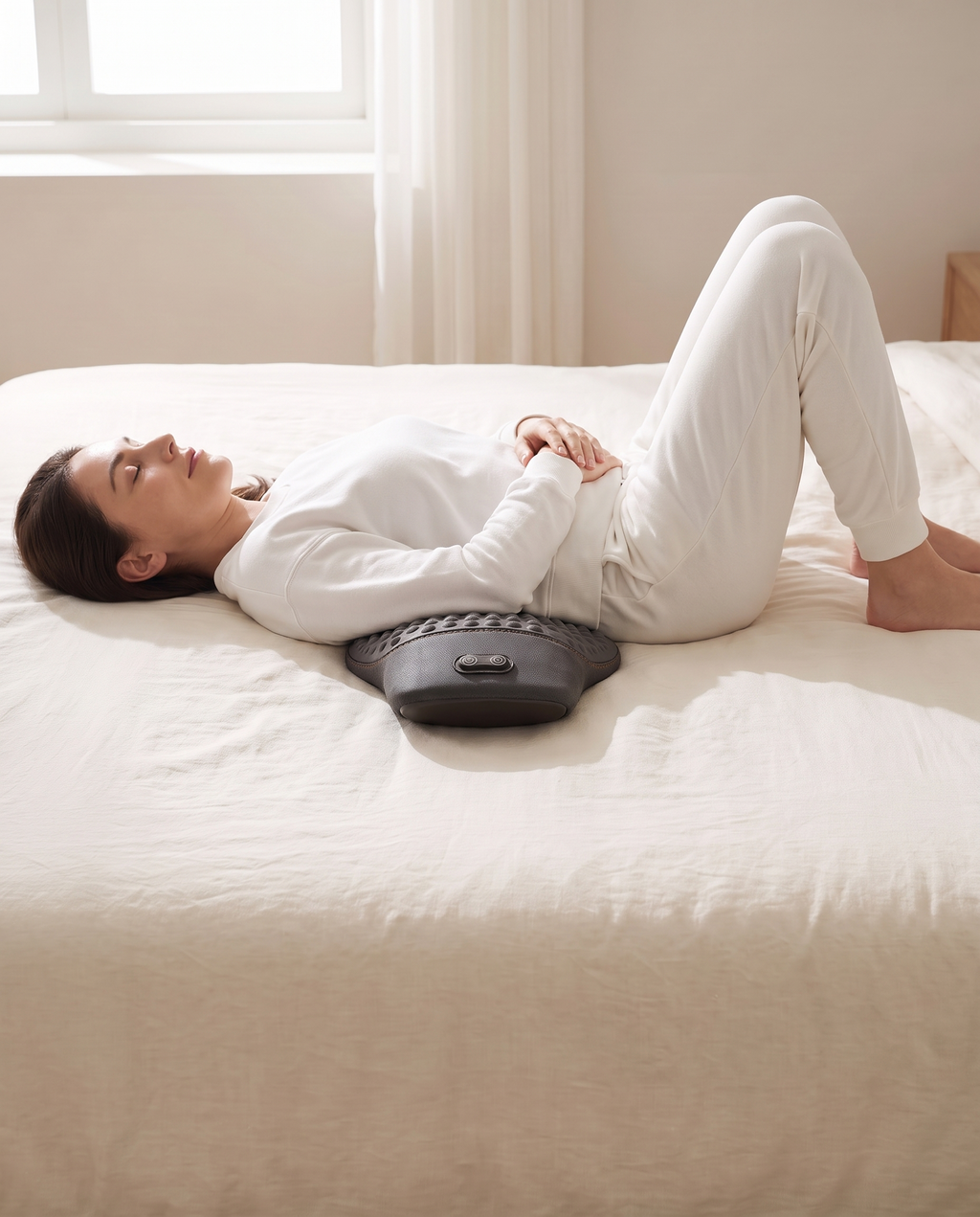 Woman relaxing in bed with the CoreRest under the small of her back