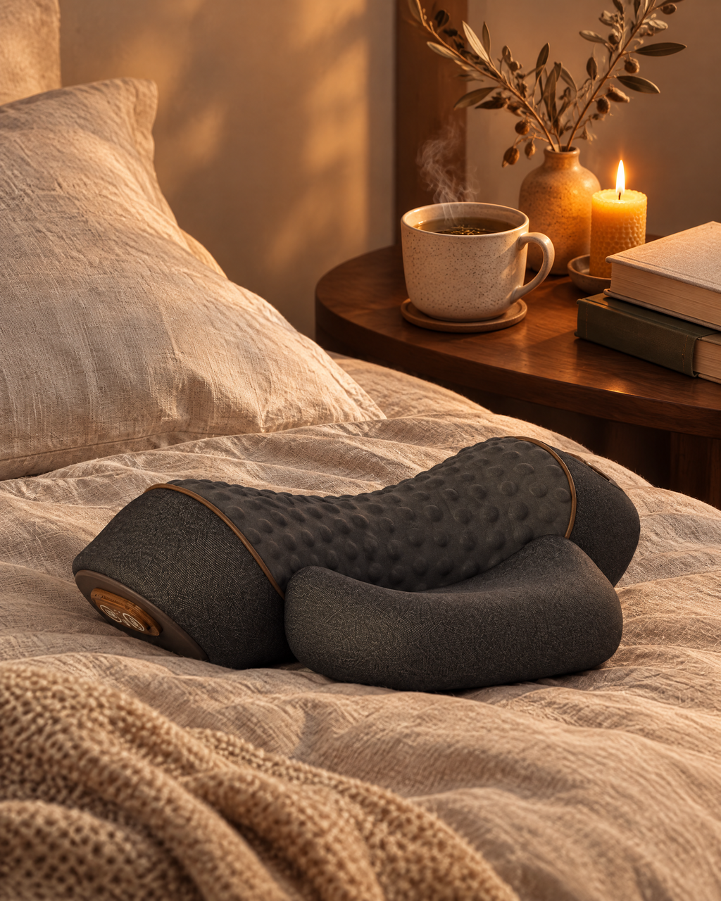 ArchRest heated massage neck pillow on a cozy bed at night