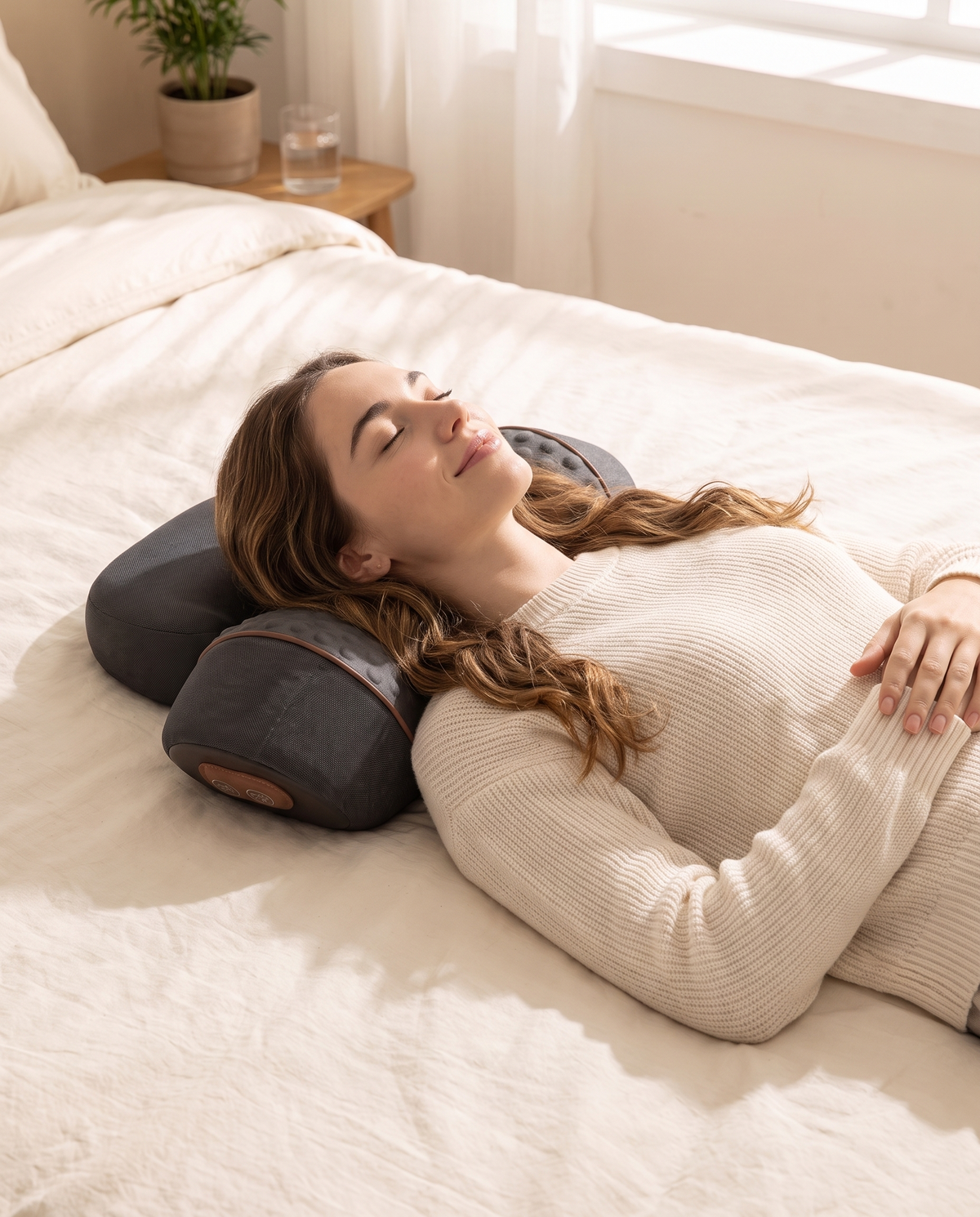 Woman resting in bed with her neck on the ArchRest and her head on its built-in head pad