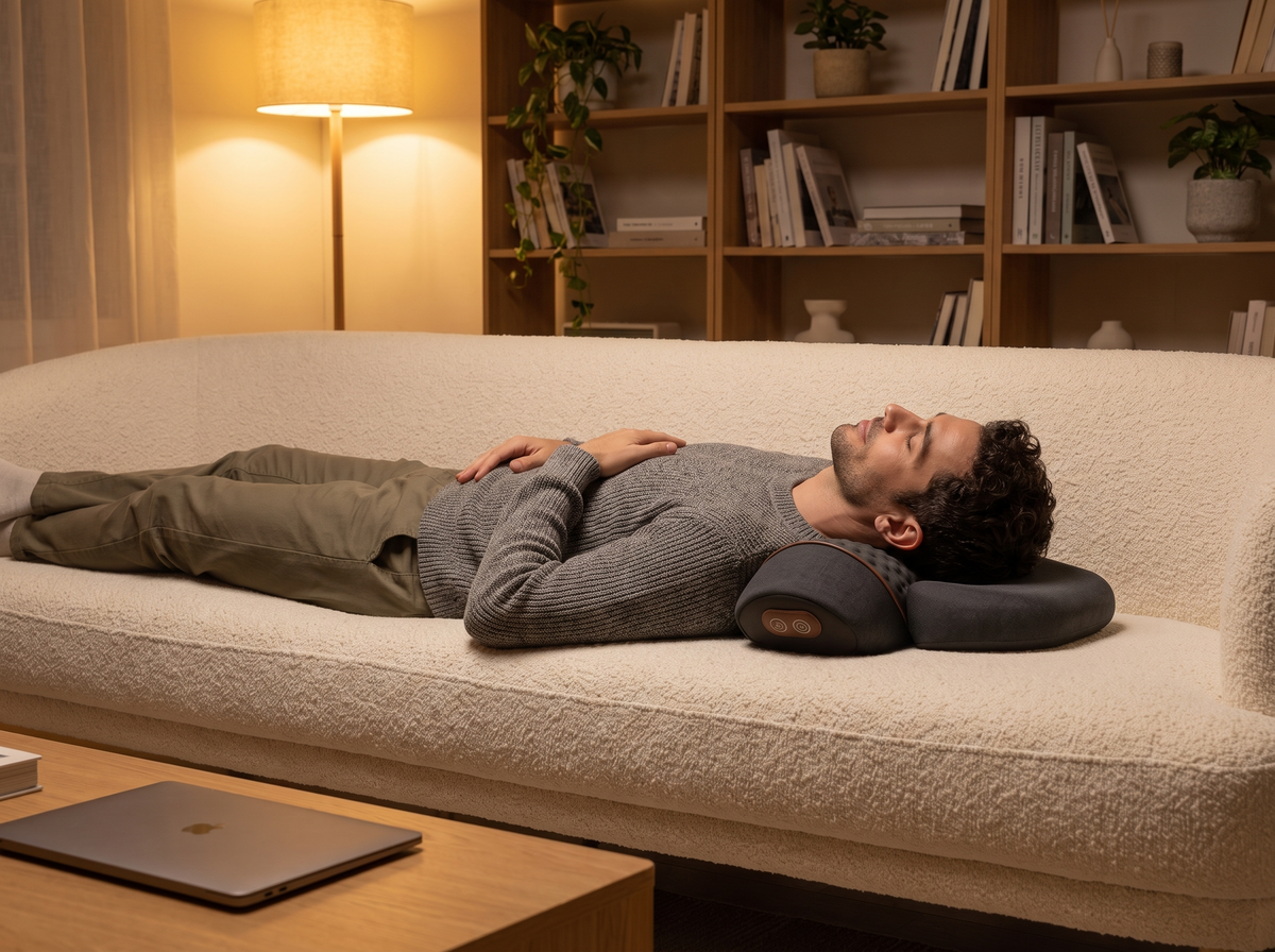 Man unwinding on the sofa, neck on the ArchRest roll and head on its built-in head pad