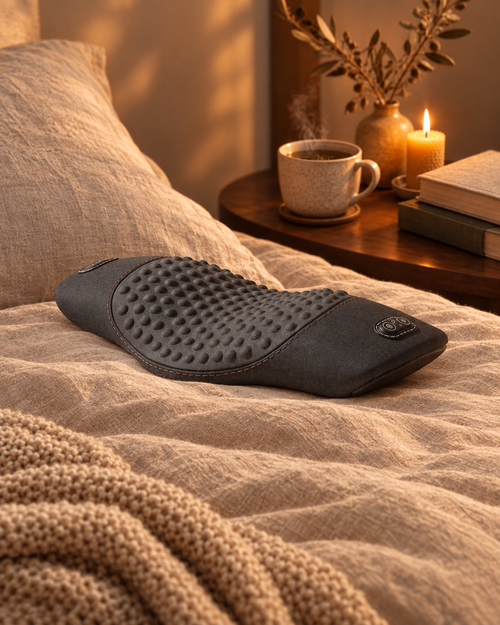 CoreRest heated massage lumbar cushion on a cozy bed at night